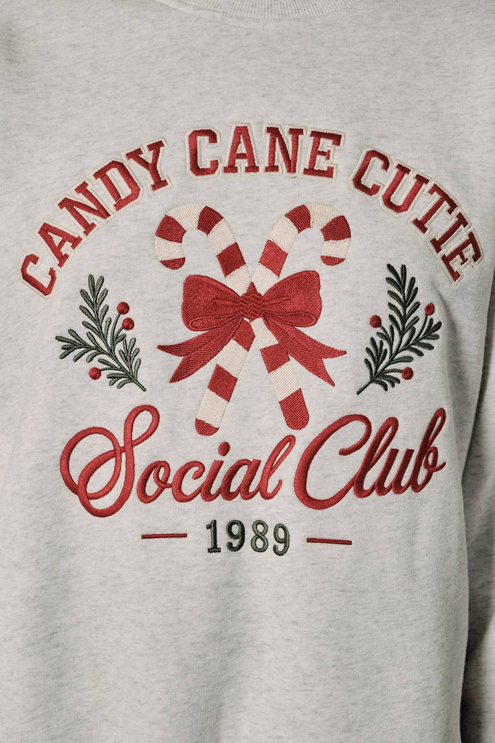 Candy Cane Cutie Embroidered Sweatshirt: MELANGE / S