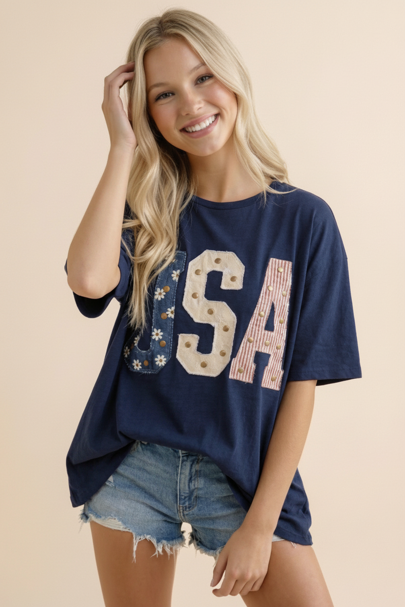 Fabric Studded USA Graphic Tee