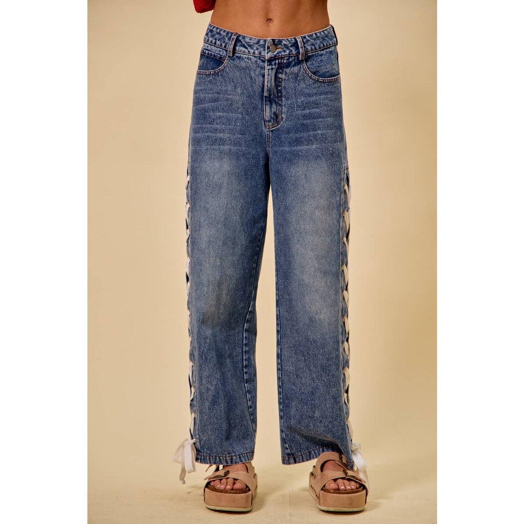 Mid Rise Straight Lace Up Jeans
