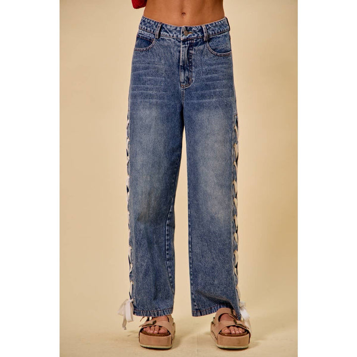 Mid Rise Straight Lace Up Jeans