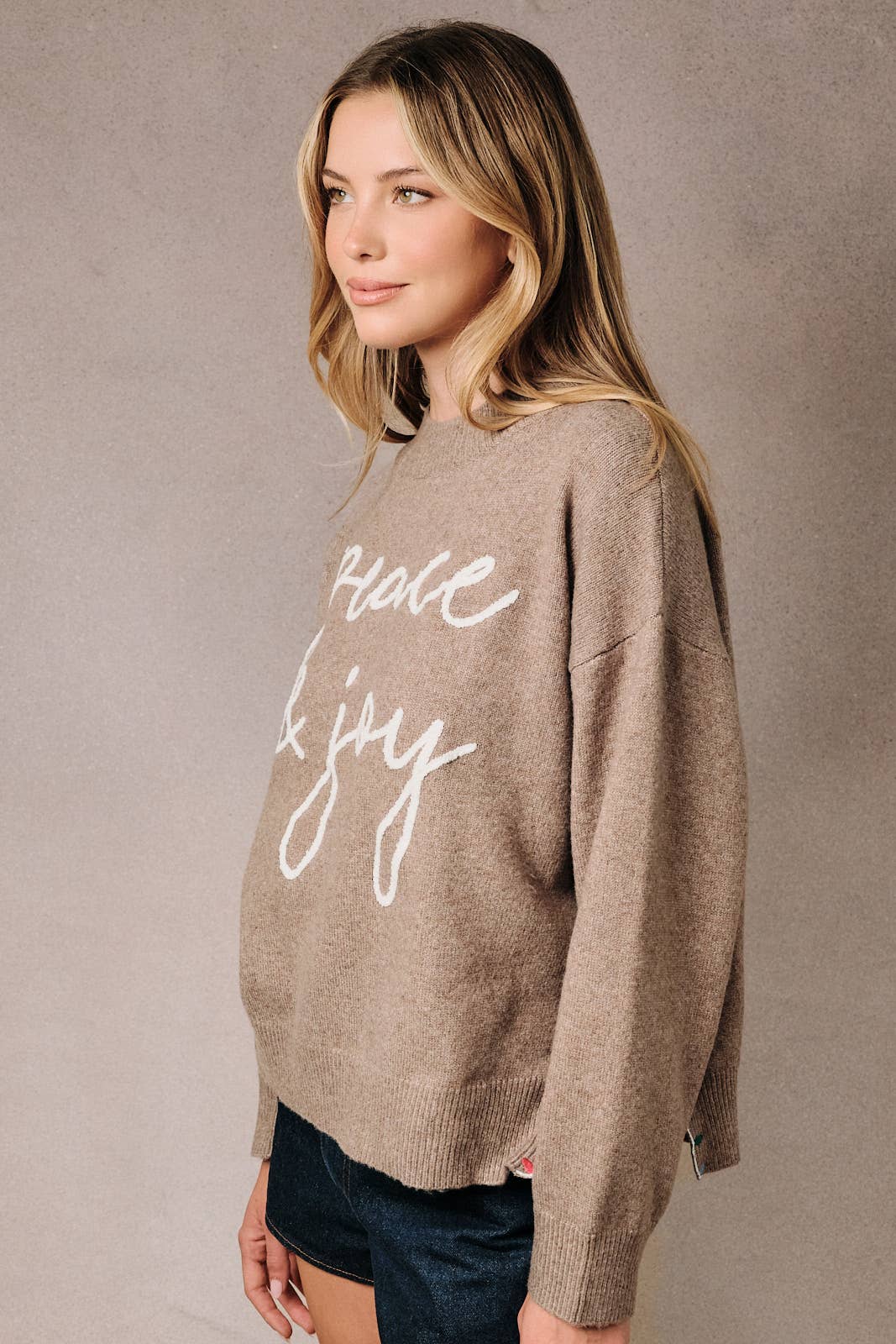 Mock Neck Long Sleeve Peace &amp; Joy Novelty Knit Sweater: Blue / L