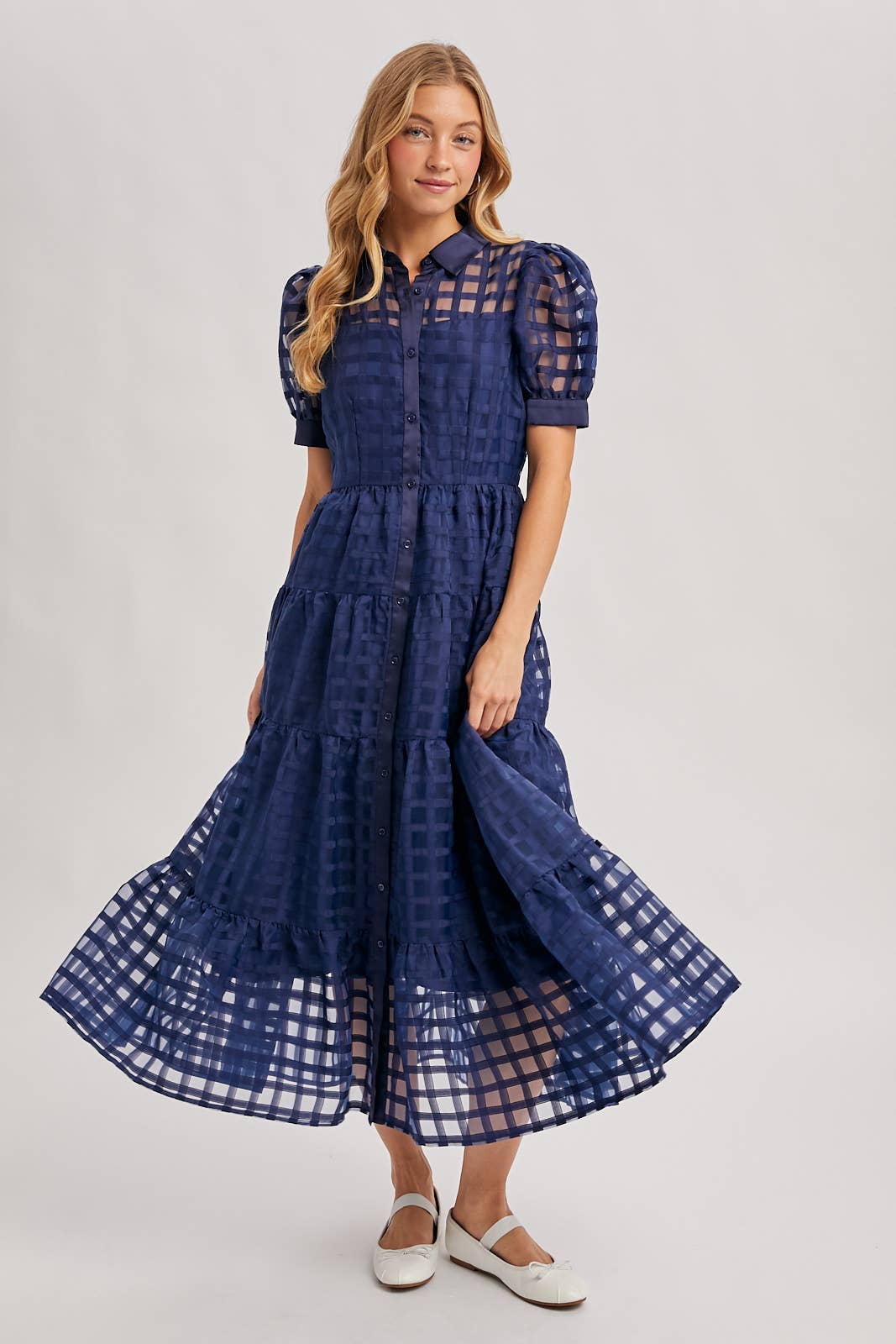 Navy Gridded Maxi Dress