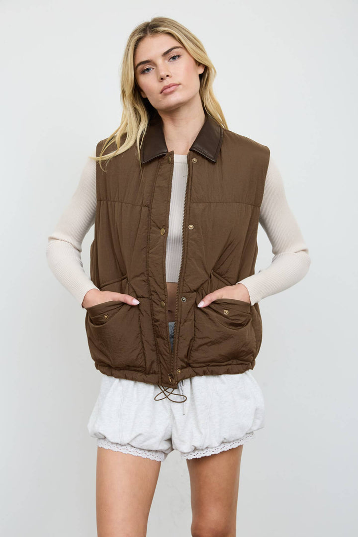 COLLARED SNAP-FRONT PUFFER VEST (PRE-ORDER): BLACK