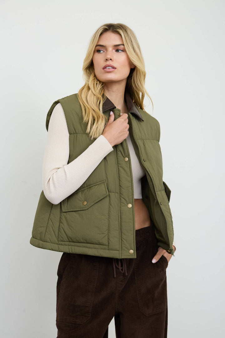 COLLARED SNAP-FRONT PUFFER VEST (PRE-ORDER): BLACK