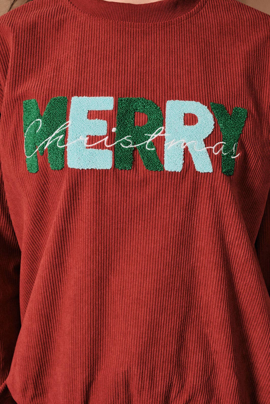 Merry Christmas Corduroy Long Sleeve Pullover Sweater: Red / S