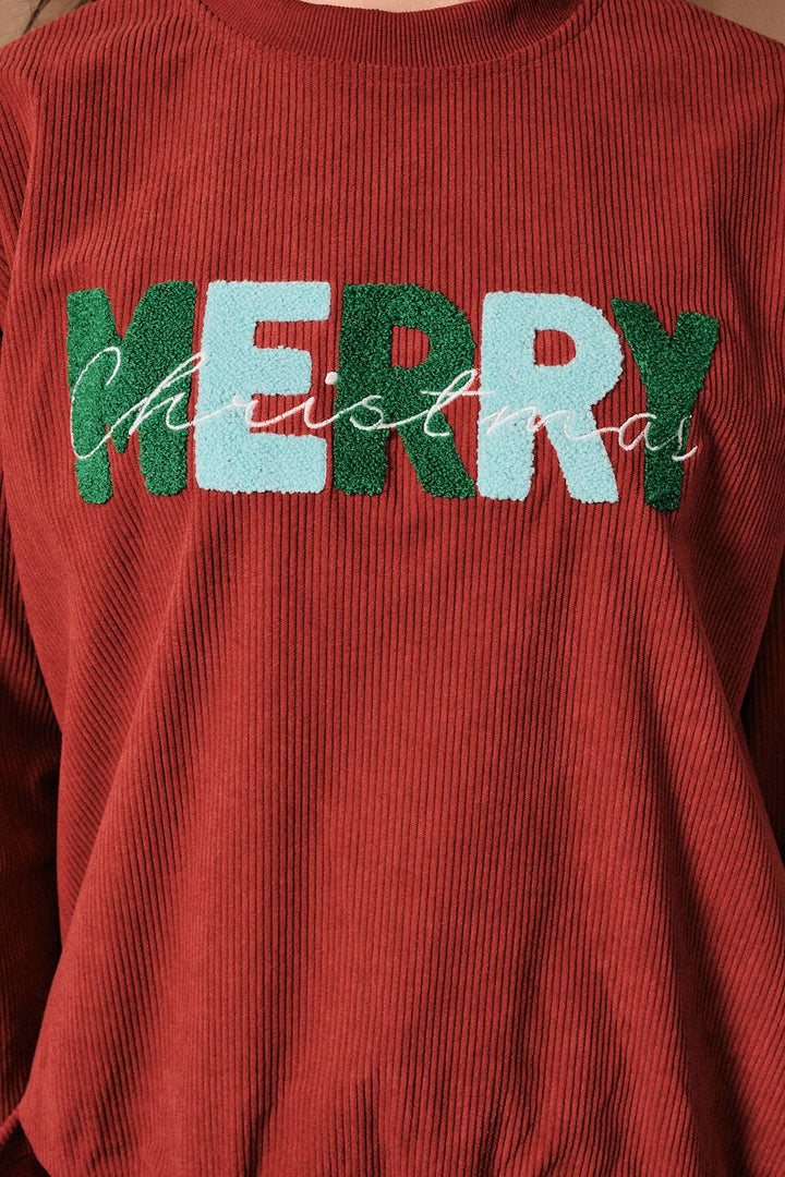 Merry Christmas Corduroy Long Sleeve Pullover Sweater: Red / M