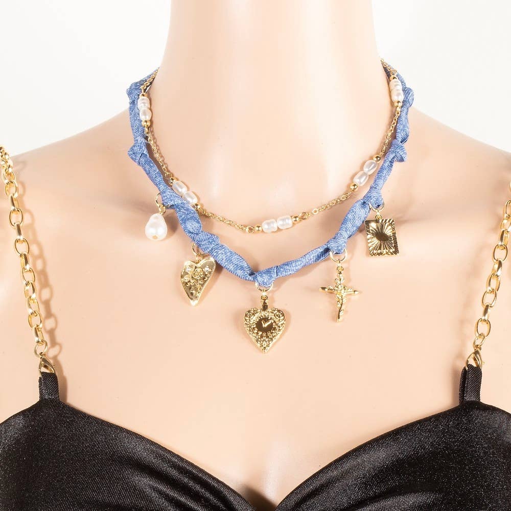 Paisley Denim And Chain Layered Necklace