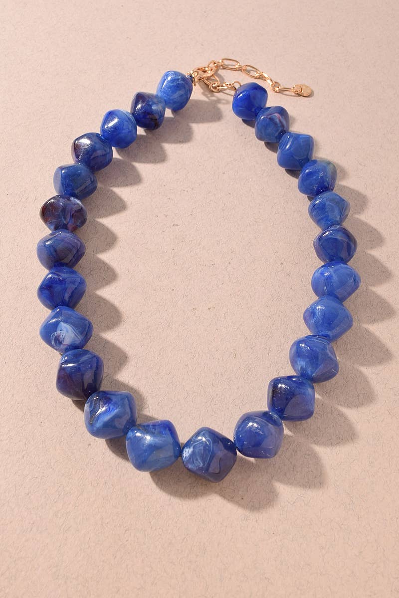 Royal Blue Marbled Cube Beaded Necklace