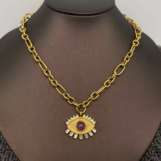 Amethyst & CZ Evil Eye Charm 18K Golden Necklace