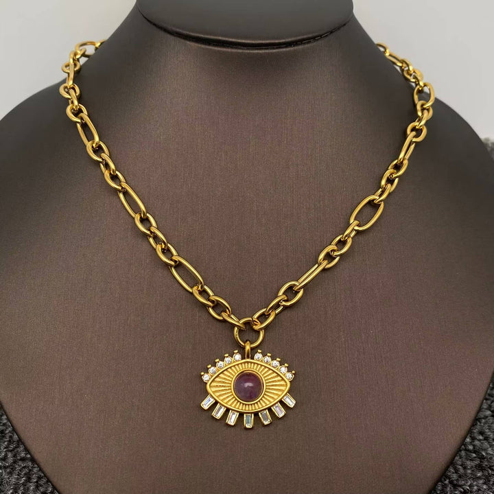 Amethyst &amp; CZ Evil Eye Charm 18K Golden Necklace