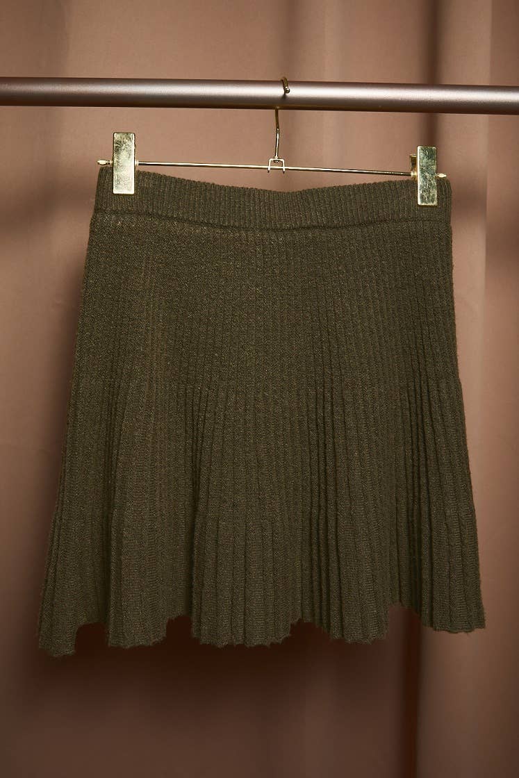 High Waist Ribbed Knit Flared Flounce Mini Skirt: OLIVE / M