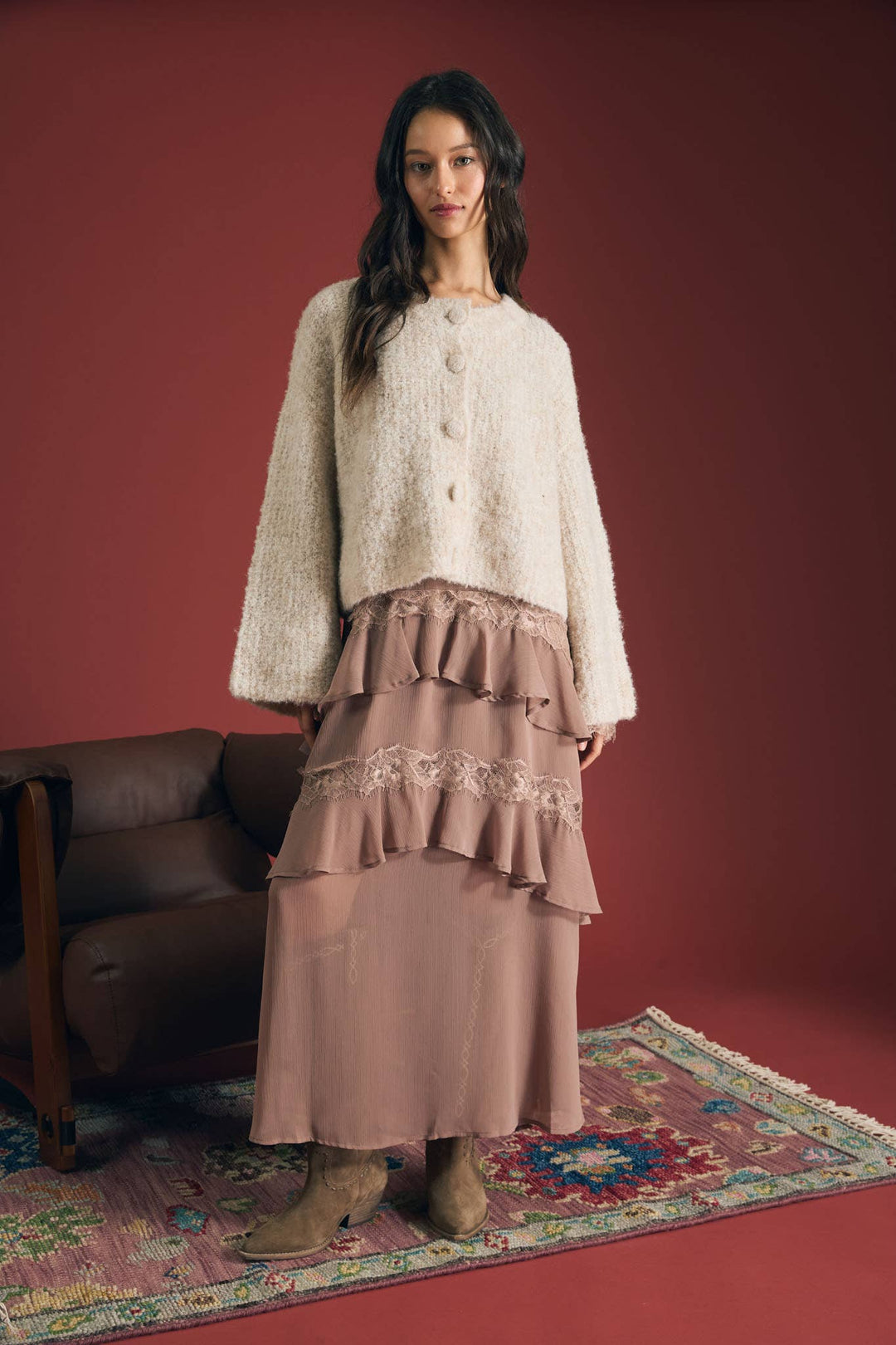 FUZZY KNIT BUTTON DOWN BOXY CARDIGAN SWEATER: CHOCOLATE BROWN