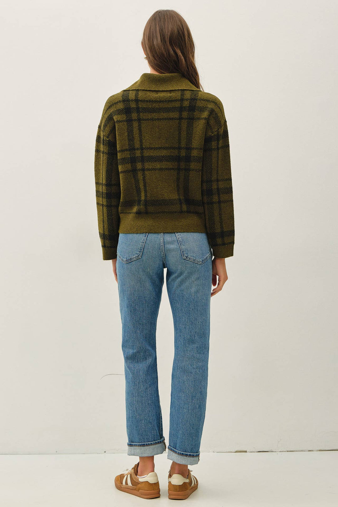 PLAID CHECK HIGH NECK COLLAR SWEATER JACKET: OLIVE / S
