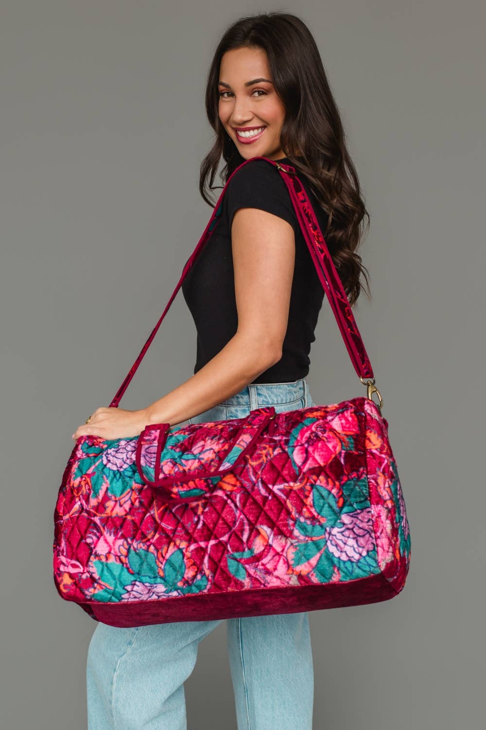 Burgundy &amp; Multicolored Floral Duffel