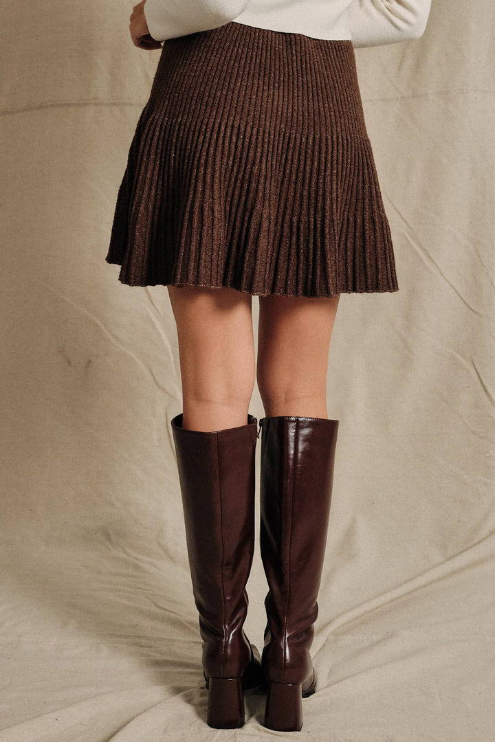 High Waist Ribbed Knit Flared Flounce Mini Skirt: OLIVE / M