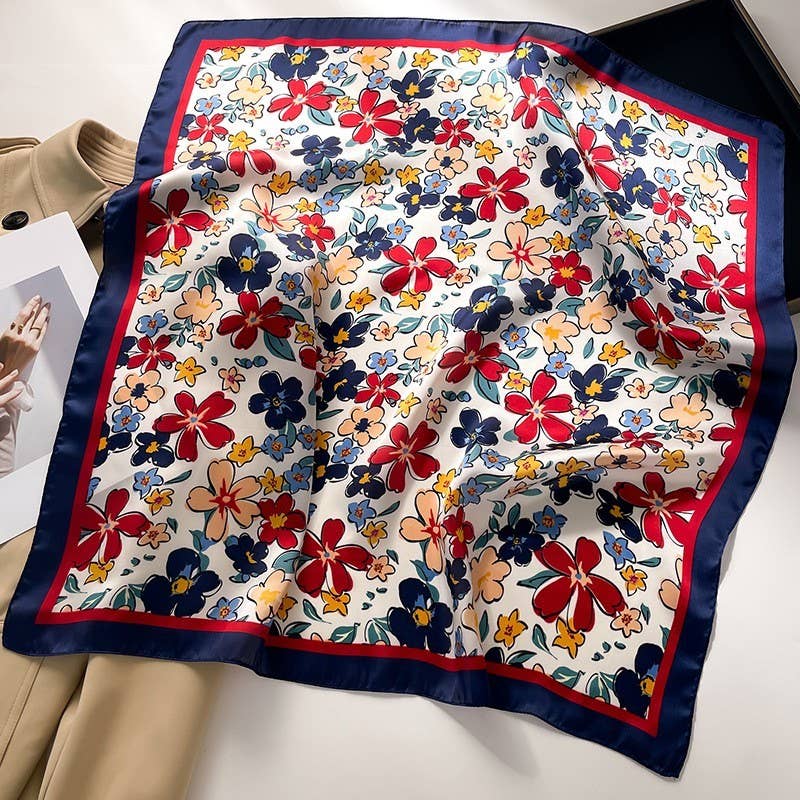 Navy Red Flower Scarf