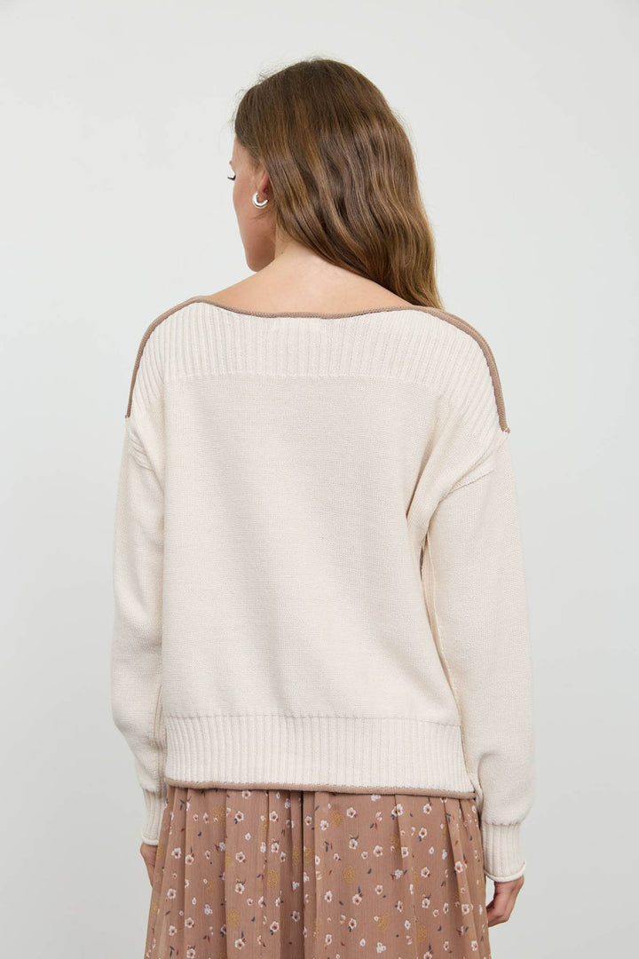 CONTRAST TRIM BOAT NECK RIBBED DETAIL KNIT SWEATER : NAVY