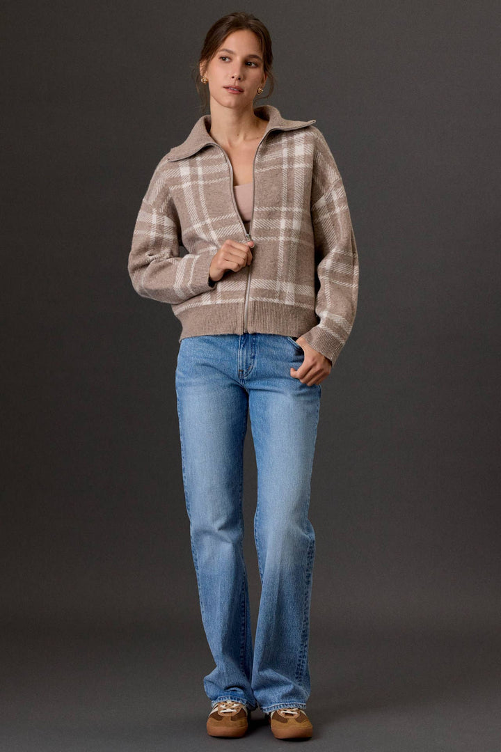 PLAID CHECK HIGH NECK COLLAR SWEATER JACKET: OLIVE / S