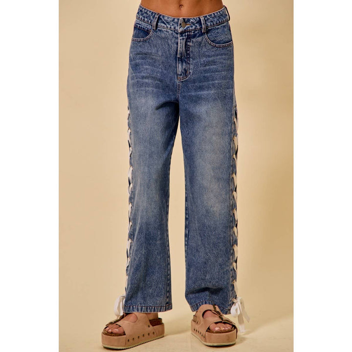 Mid Rise Straight Lace Up Jeans