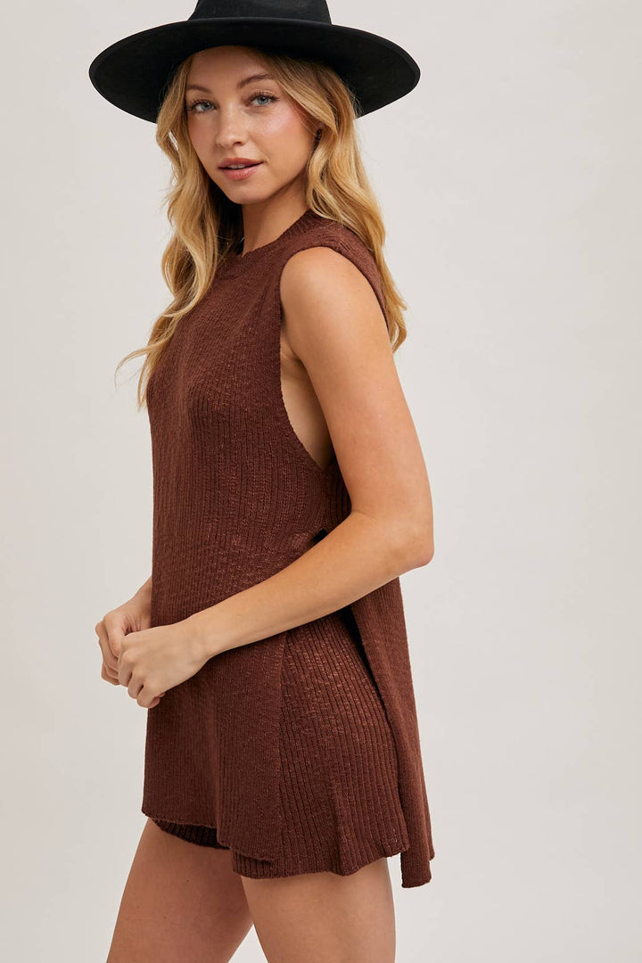 Mocha Side Slit &amp; Knit Sweater SET