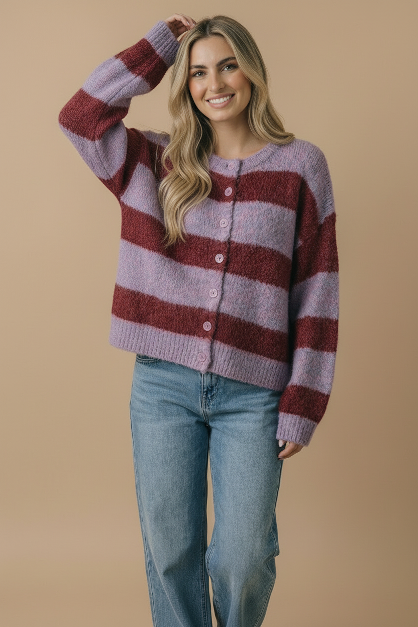 Fluffy Stripe Cardigan: Burgundy/Lavender