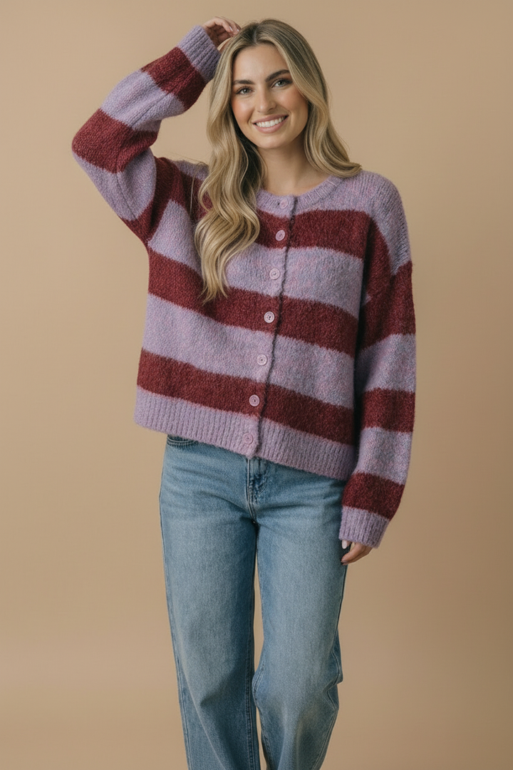Fluffy Stripe Cardigan: Burgundy/Lavender