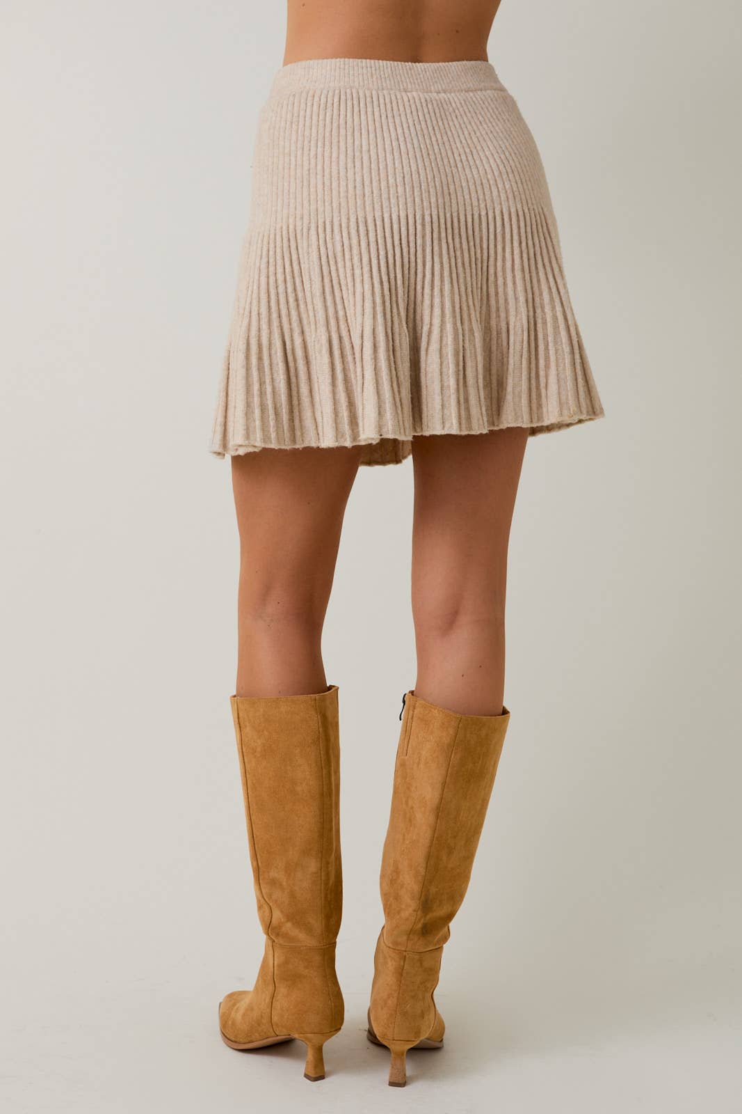 High Waist Ribbed Knit Flared Flounce Mini Skirt: OLIVE / M