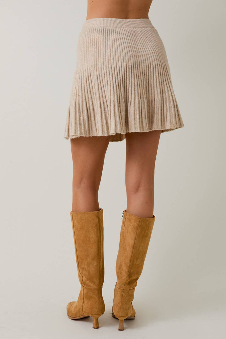 High Waist Ribbed Knit Flared Flounce Mini Skirt: OLIVE / M