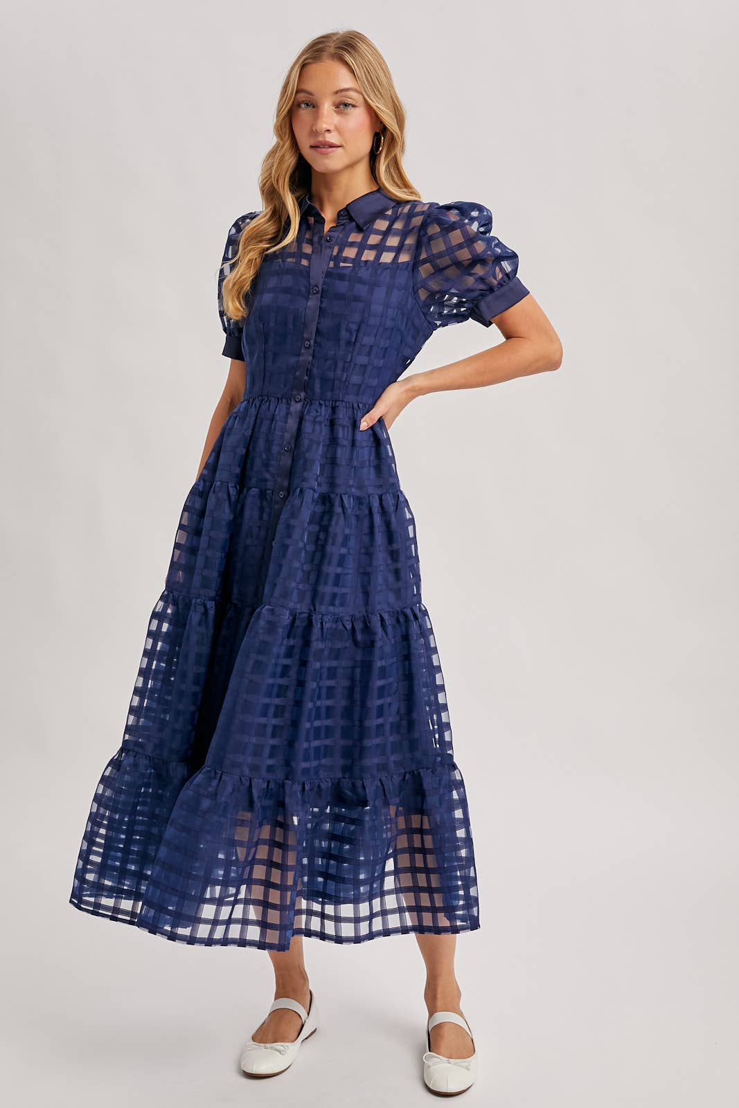 Navy Gridded Maxi Dress