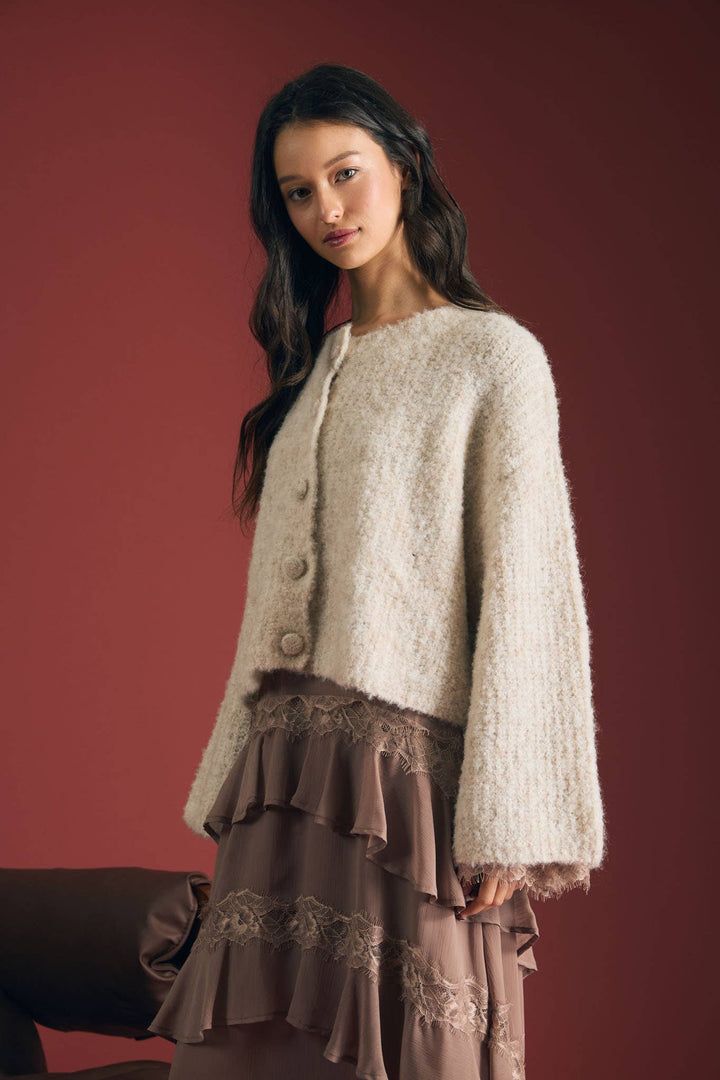 FUZZY KNIT BUTTON DOWN BOXY CARDIGAN SWEATER: CHOCOLATE BROWN