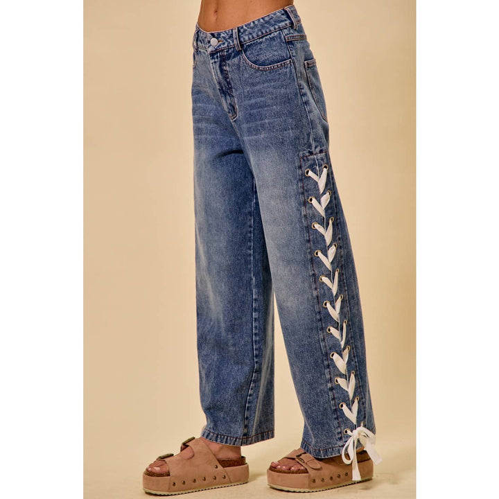 Mid Rise Straight Lace Up Jeans