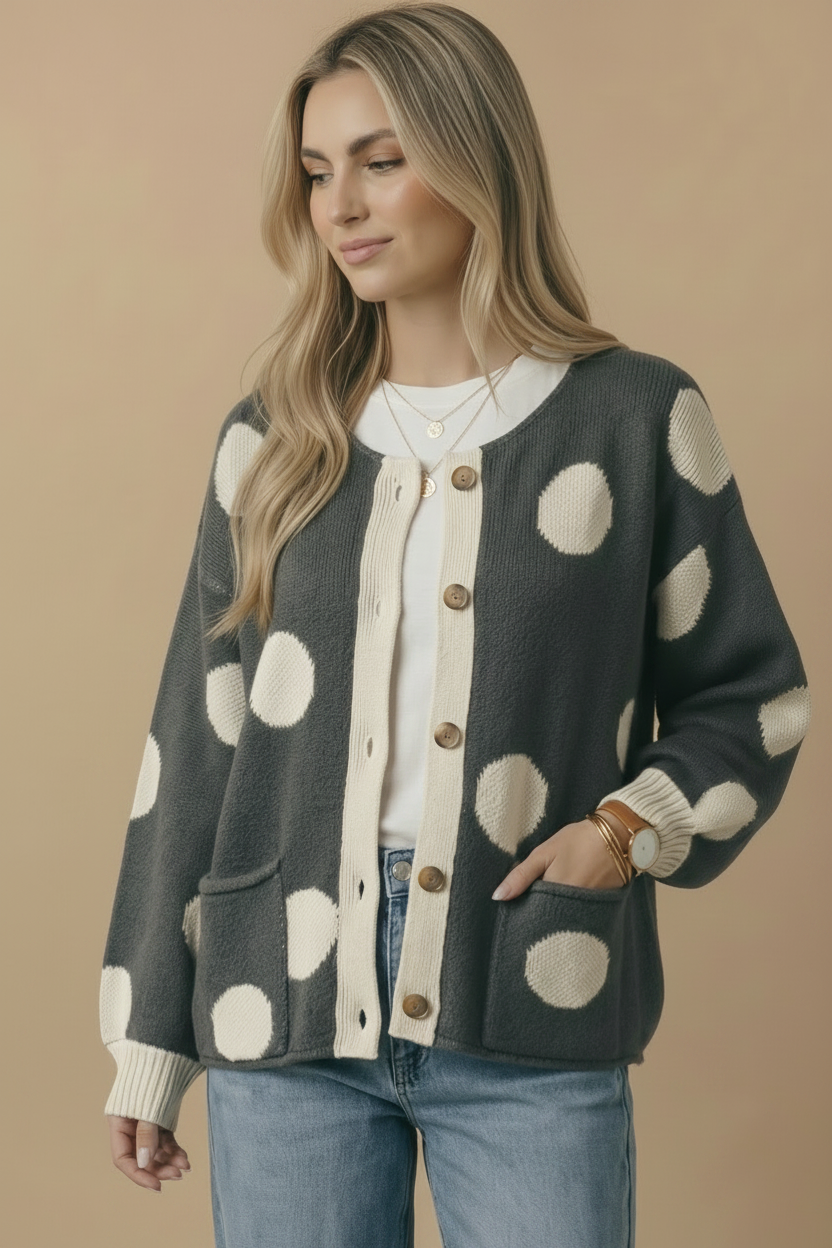 Button Down Polka Dot Jacquard Cardigan: BRUNETTE / S