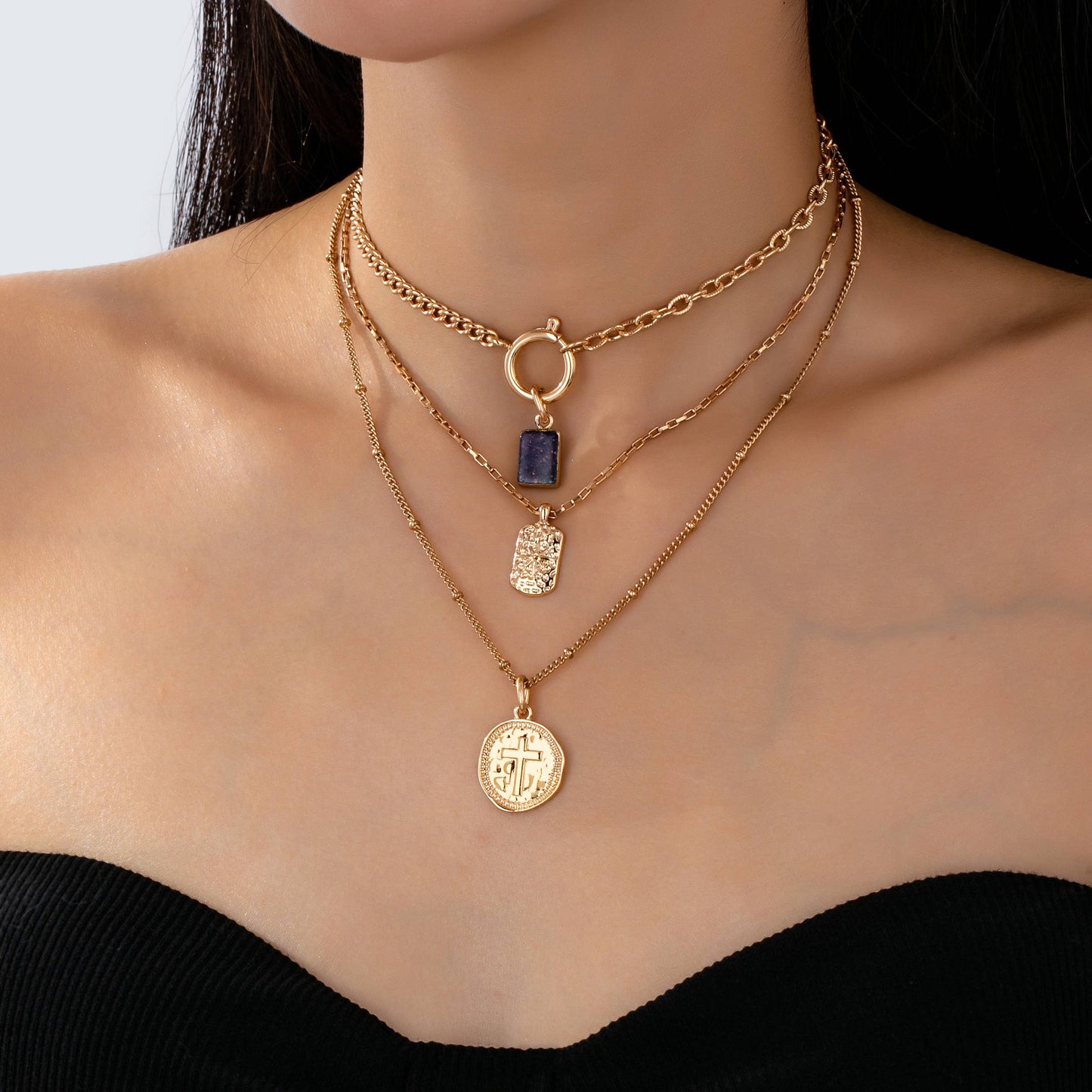 Multi Layered Coin & Stone Necklace