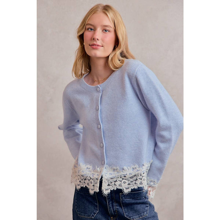 BUTTON DOWN LONG SLEEVE KNIT CARDIGAN WITH LACE TRIM: BLUE / M