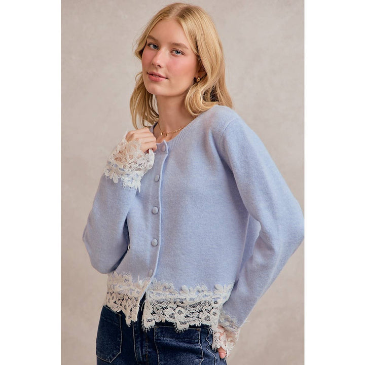 BUTTON DOWN LONG SLEEVE KNIT CARDIGAN WITH LACE TRIM: BLUE / XL
