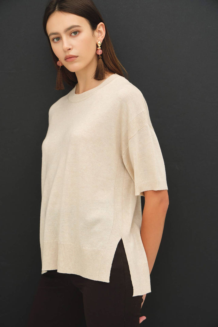 WOOL BLENED BOXY FIT SHORT SLEEVE SWEATER TOP : OATMEAL / L