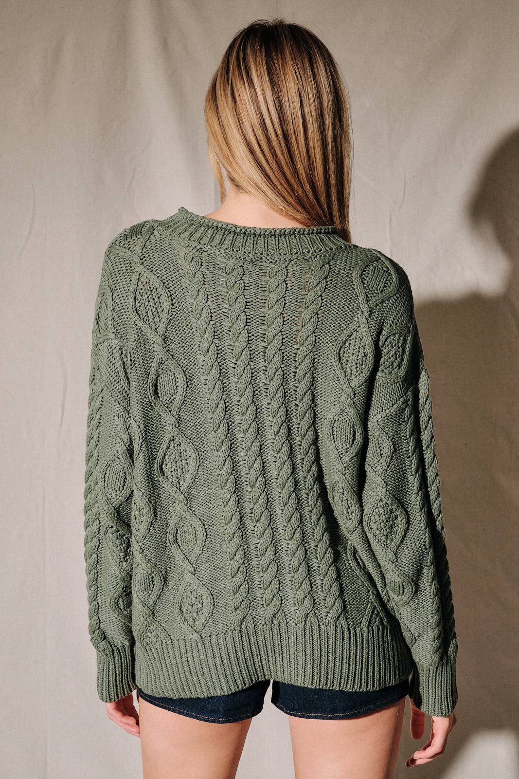 Oversized Cable Knit Button Down Cardigan Sweater: OLIVE / S
