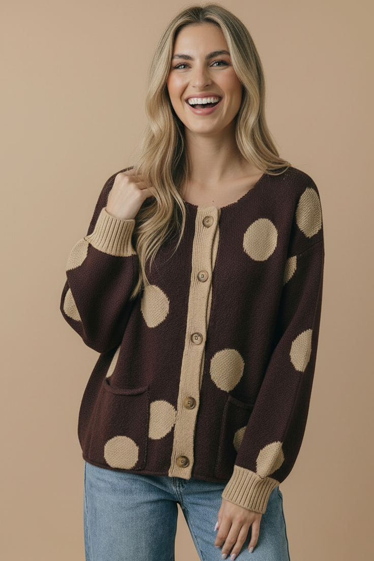 Button Down Polka Dot Jacquard Cardigan: BRUNETTE / L