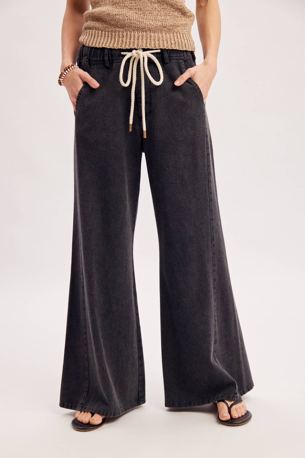 Black Washed Mid-Rise Flare Knit Pants