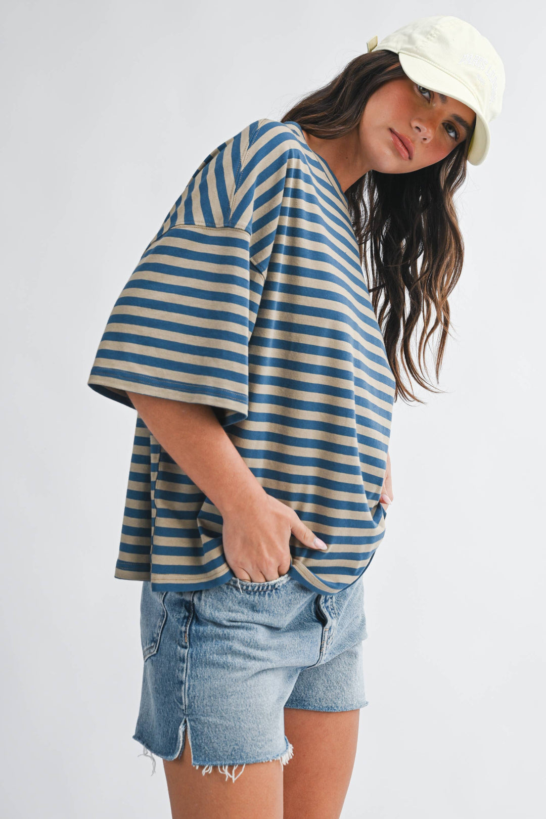 Tan/Blue Oversized Stripe Boyfriend Tee
