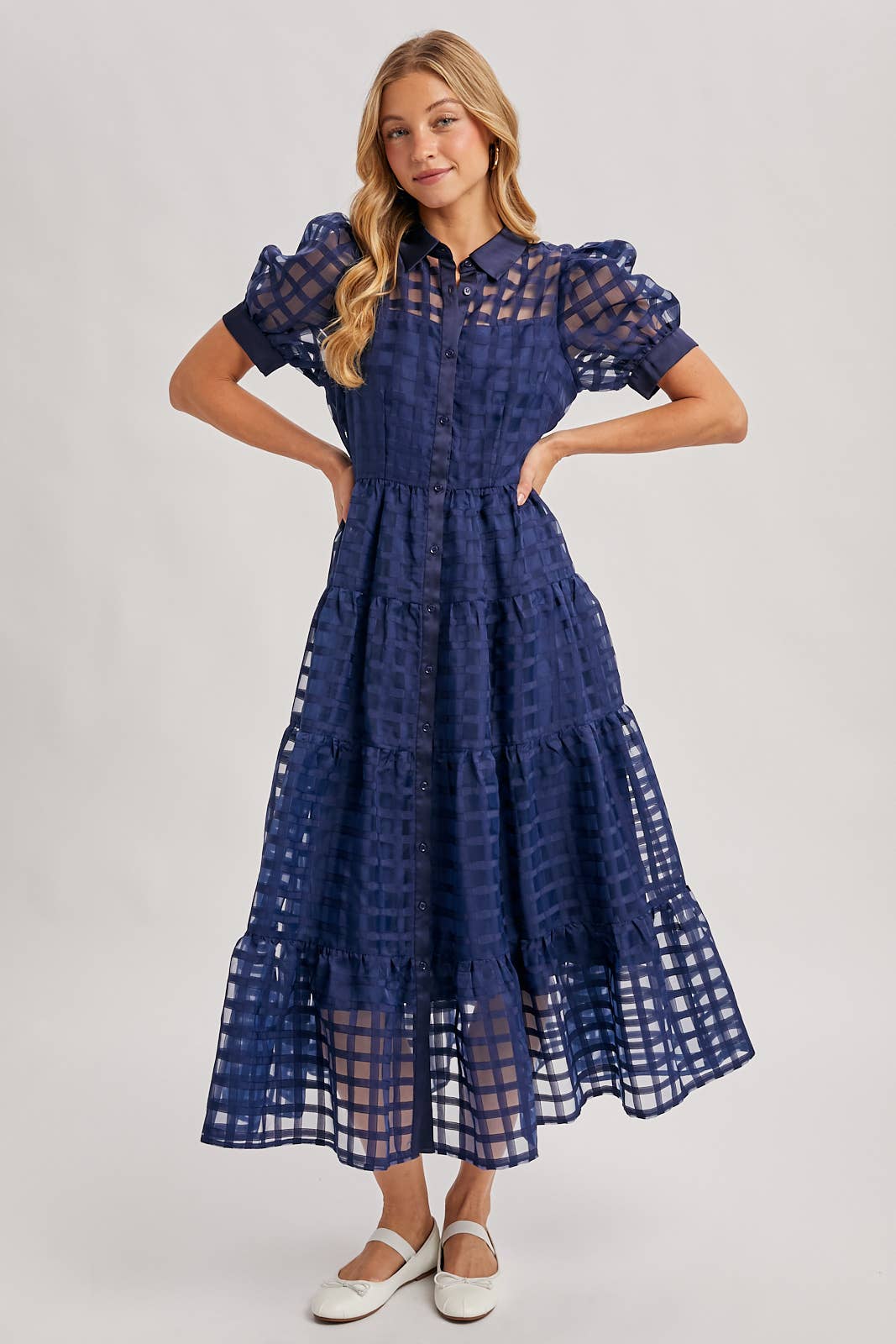 Navy Gridded Maxi Dress