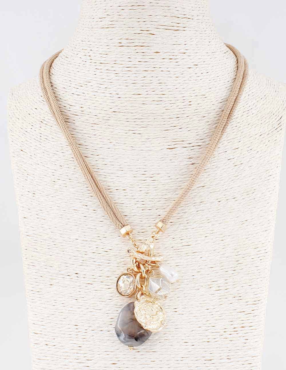 Natural/Tan Cord with Crystal and Stone Charms Necklace