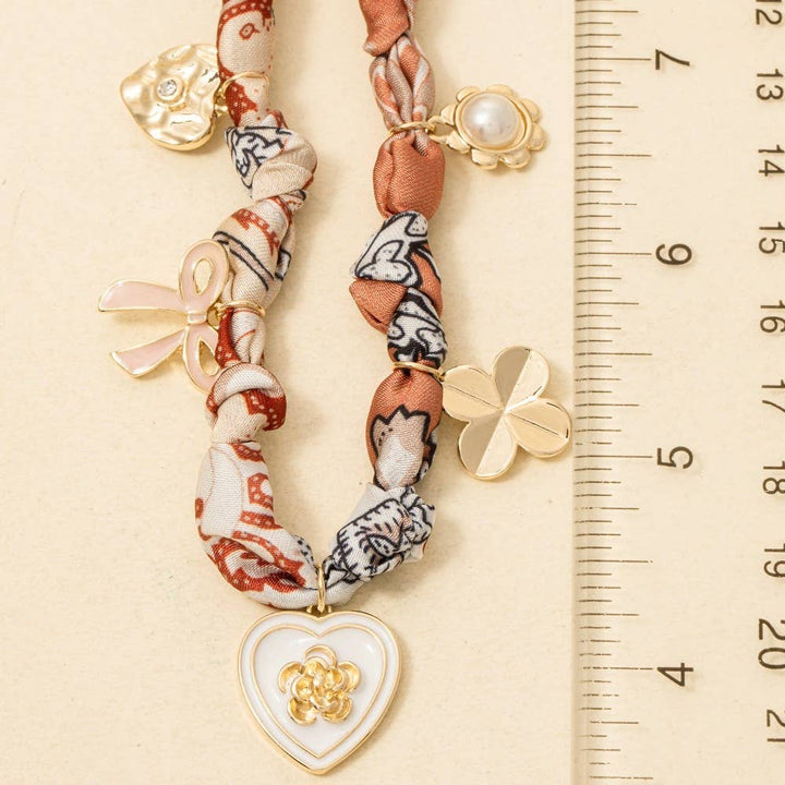 Heart &amp; Ribbon Charms Bandana Knotted Necklace