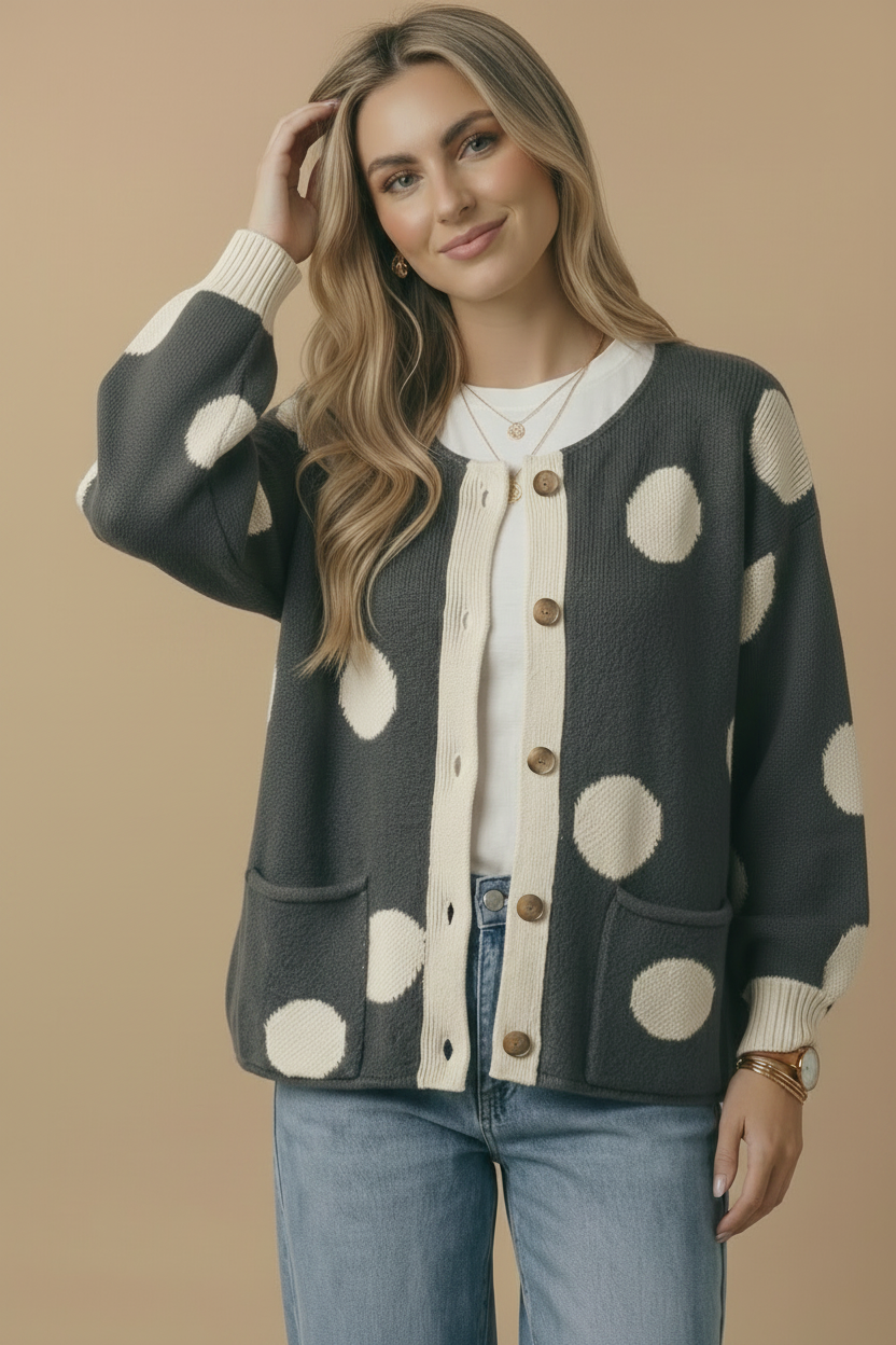 Button Down Polka Dot Jacquard Cardigan: BRUNETTE / S
