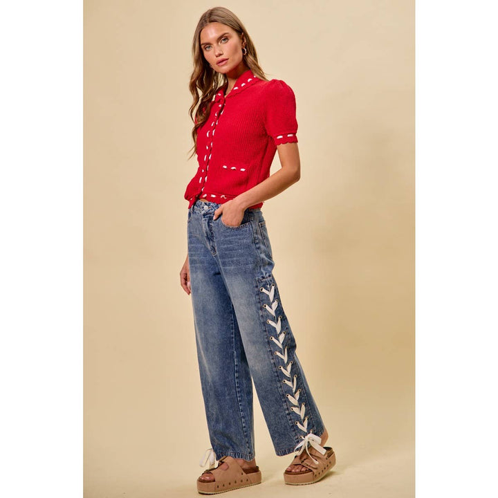 Mid Rise Straight Lace Up Jeans
