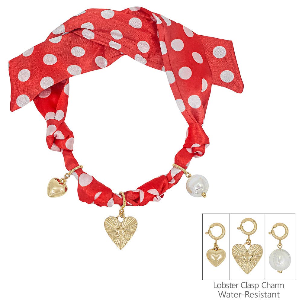 Red Polka Dot with Heart and Beaded Charms Scarf Necklace