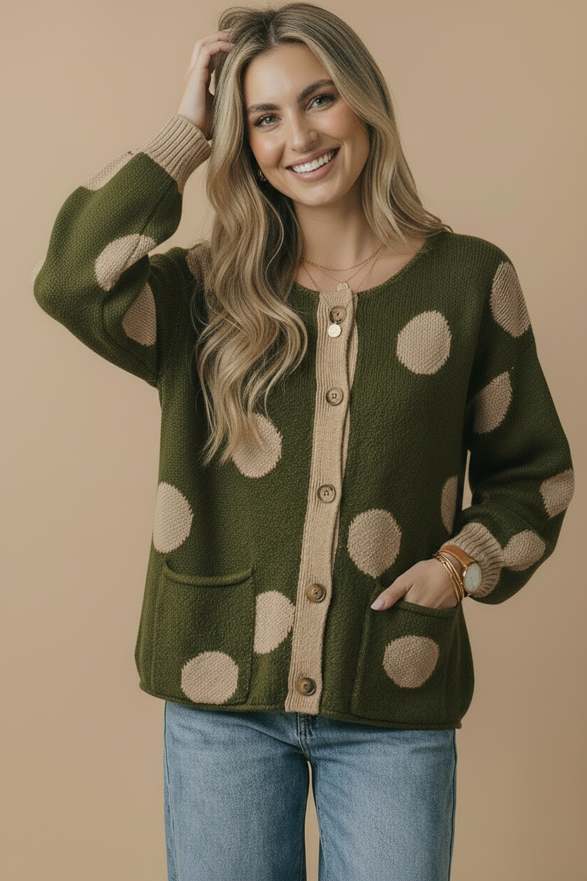 Button Down Polka Dot Jacquard Cardigan: BRUNETTE / L