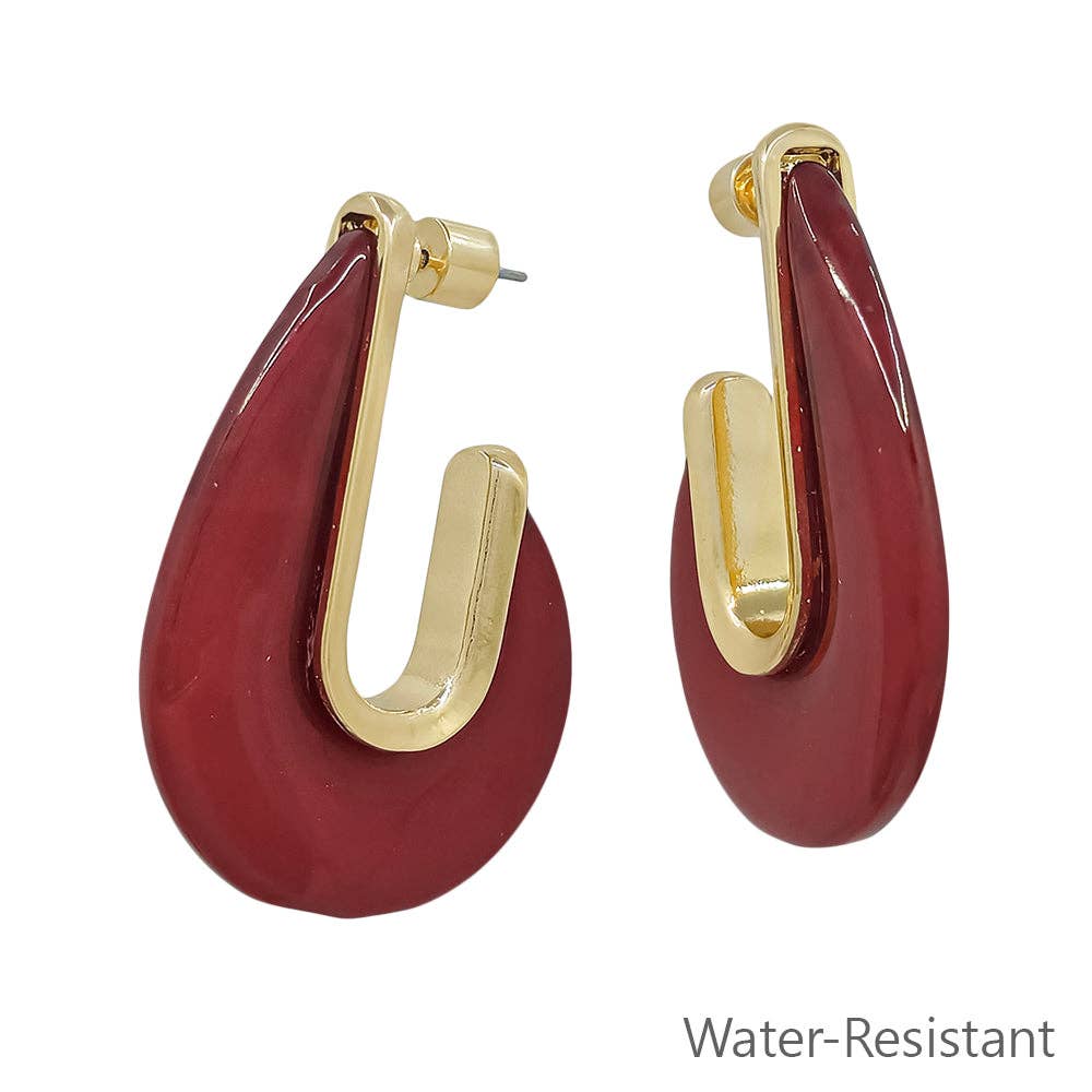 Water Resistant Maroon &amp; Gold Teardrop Earring