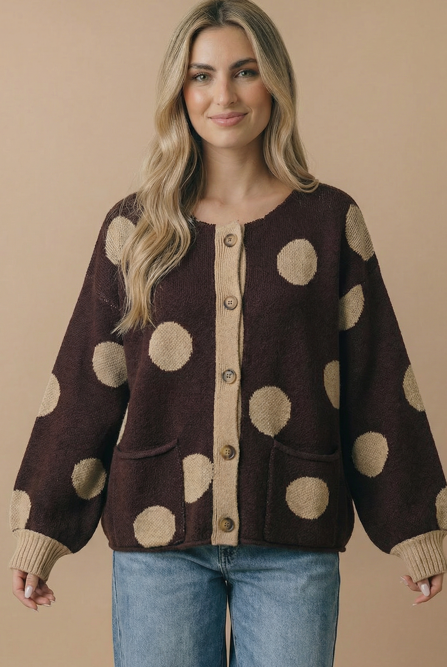 Button Down Polka Dot Jacquard Cardigan: BRUNETTE / M