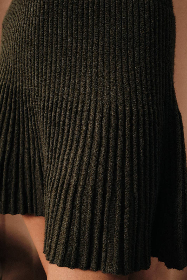 High Waist Ribbed Knit Flared Flounce Mini Skirt: OLIVE / M